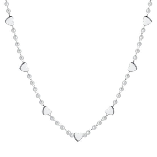 COLLANA DONNA IN ACCIAIO CON PERLE BIANCHE E CUORI