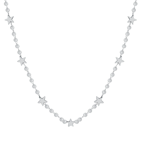 COLLIER FEMME EN ACIER AVEC PERLES BLANCHES ET ÉTOILES