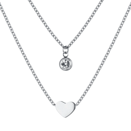 WOMEN'S MULTI-STRAIN STEEL NECKLACE WITH HEART AND WHITE CRYSTAL