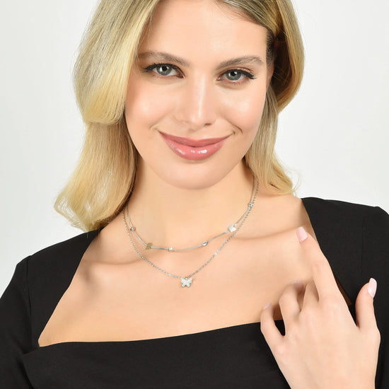 COLLANA DONNA MULTIFILO IN ACCIAIO CON FARFALLE E CRISTALLI BIANCHI