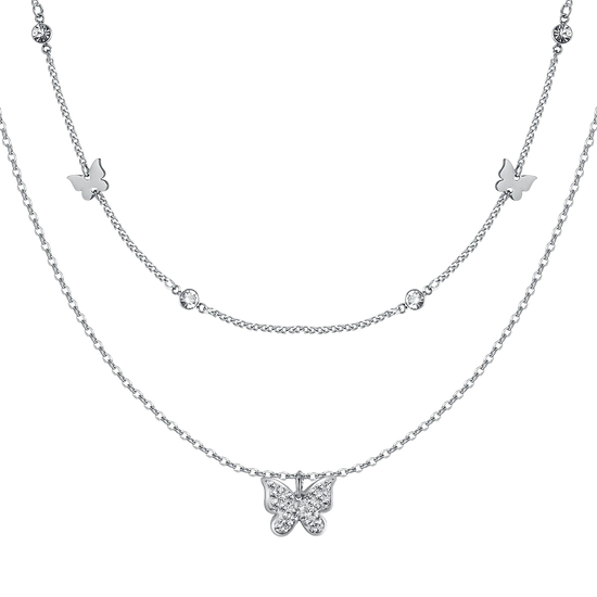 COLLANA DONNA MULTIFILO IN ACCIAIO CON FARFALLE E CRISTALLI BIANCHI
