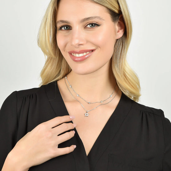 WOMEN'S MULTI-STRAIN NECKLACE IN STEEL WITH STARS AND WHITE CRYSTALS