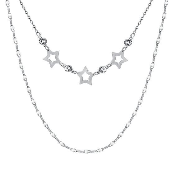 COLLANA DONNA MULTIFILO IN ACCIAIO CON STELLE TRAFORATE E CRISTALLI BIANCHI