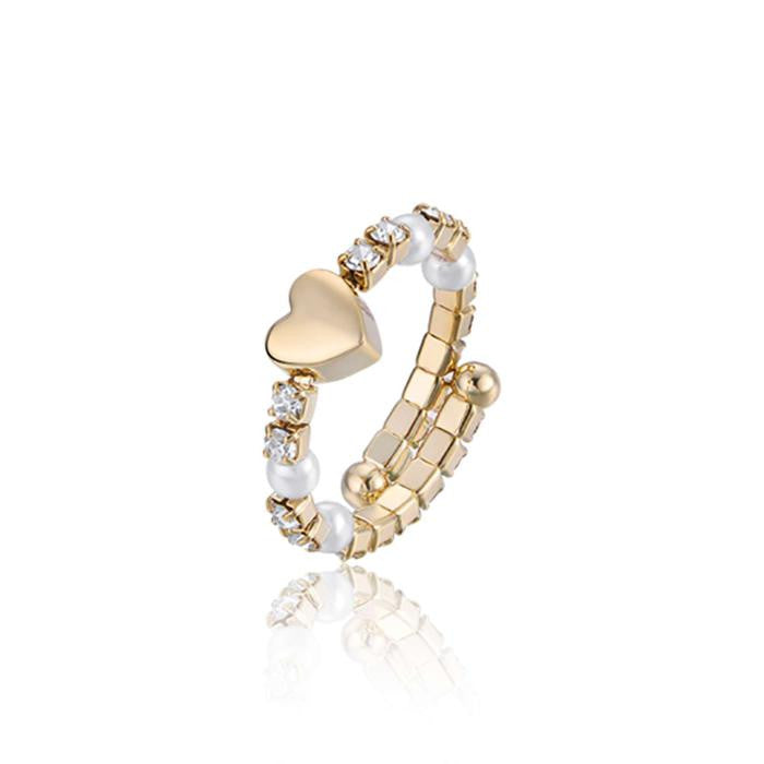 Bague ajustable en métal doré IP avec cristaux cœur et perles blanches