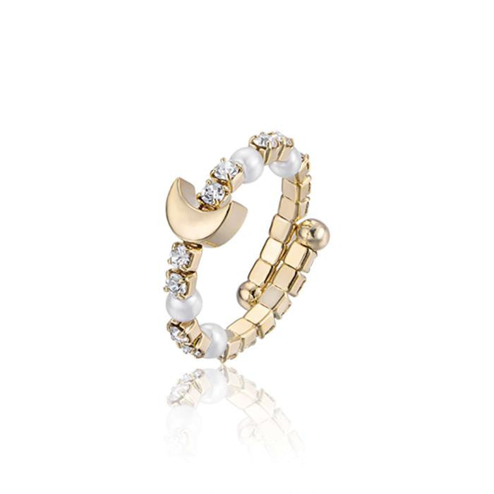 Bague ajustable en métal doré avec cristaux de lune et perles blanches
