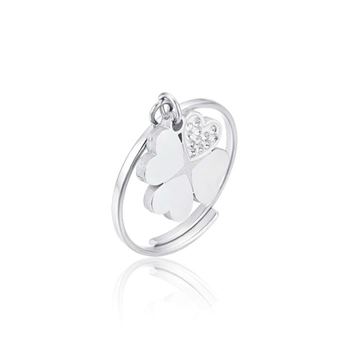 Bague en acier avec trèfle à quatre feuilles et cristaux blancs
