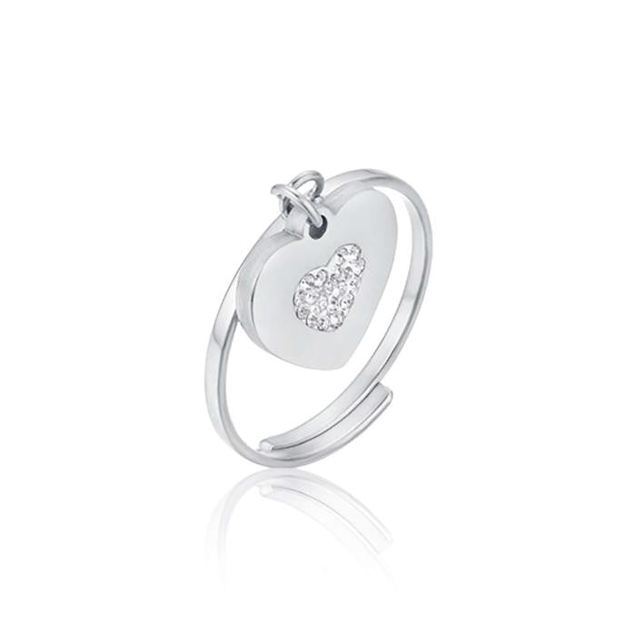 Bague en acier avec cœur et cristaux blancs
