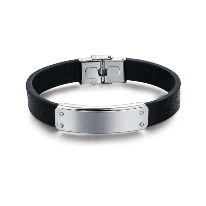 Bracelet en cuir noir avec plaque en acier