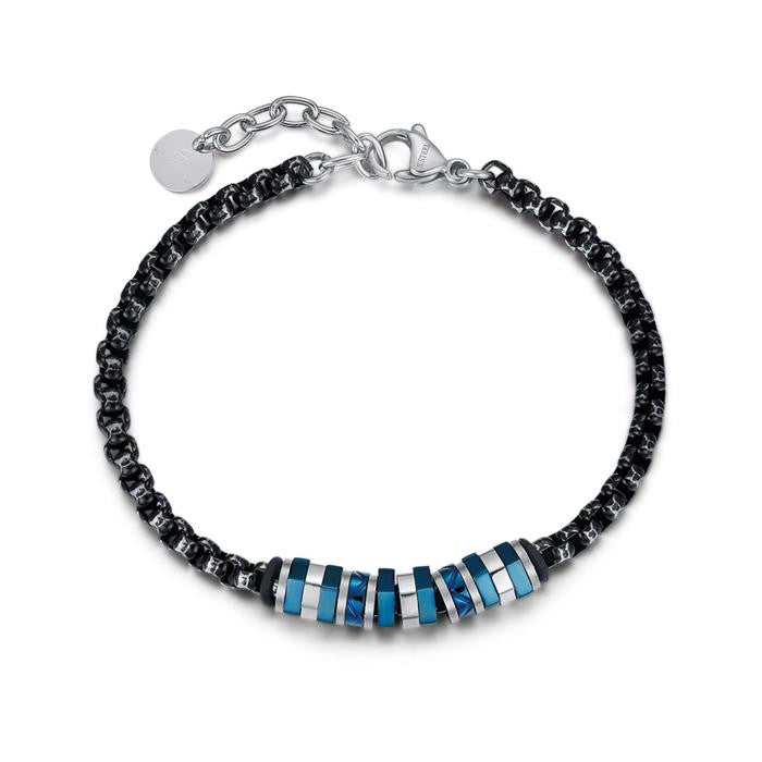 Bracelet en acier IP noir antique avec éléments en acier IP bleu