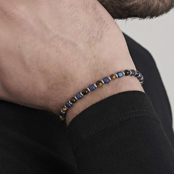 Steel bracelet with tiger eye and blue stones