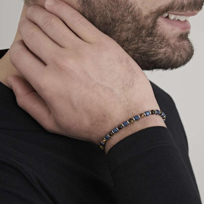 Steel bracelet with tiger eye and blue stones