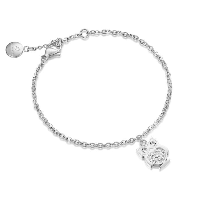 Steel Bracelet With Owl And White Crystals