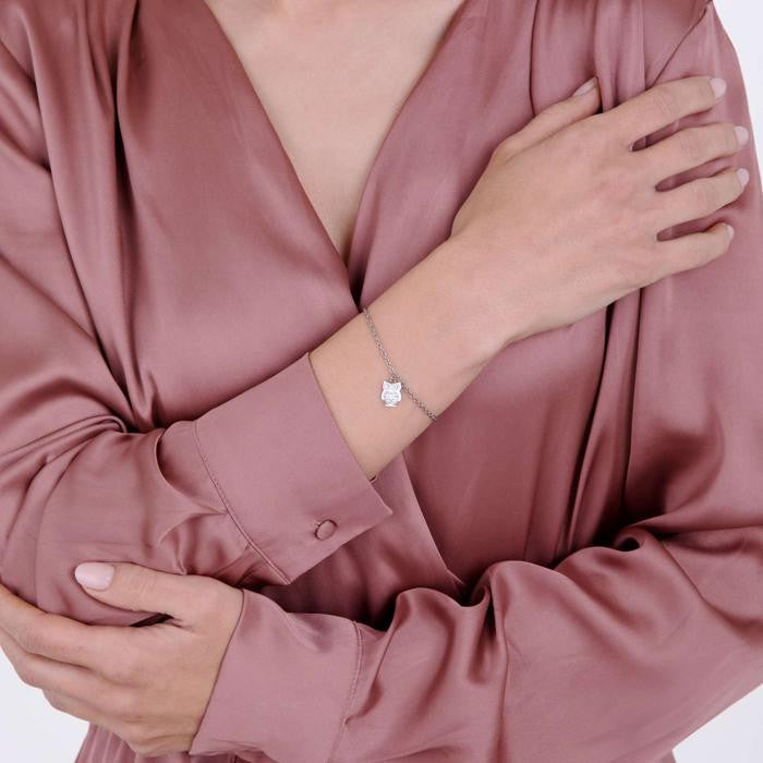 Bracciale In Acciaio Con Gufo E Cristalli Bianchi