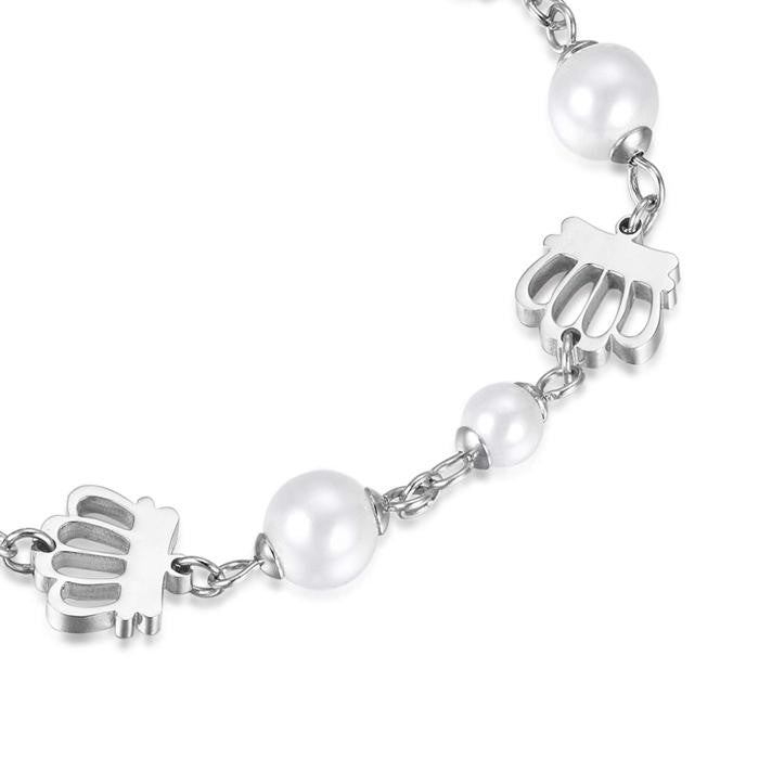 Bracelet en acier avec couronnes et perles blanches