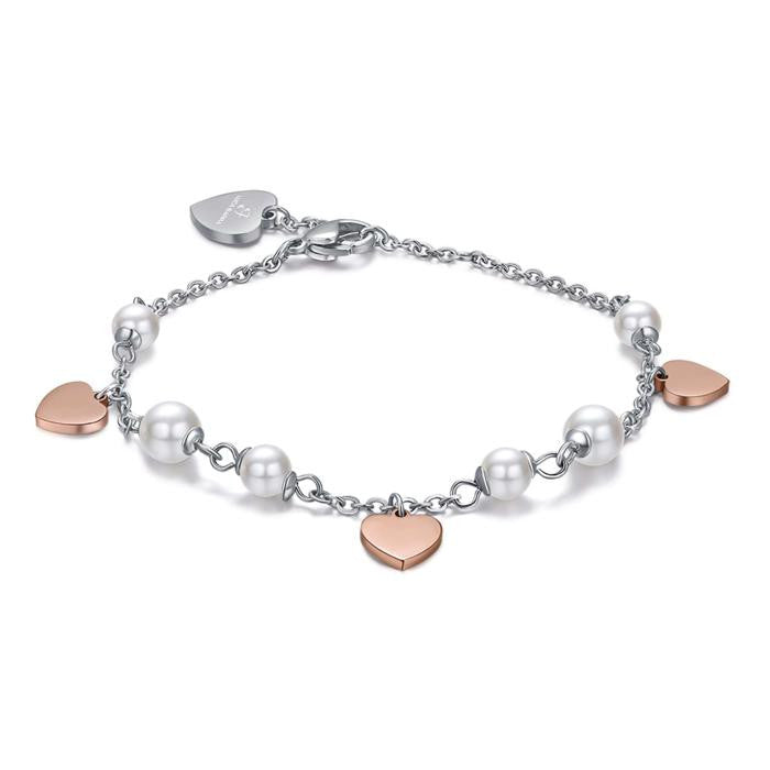 Bracelet en acier avec perles blanches et cœurs Ip Rose