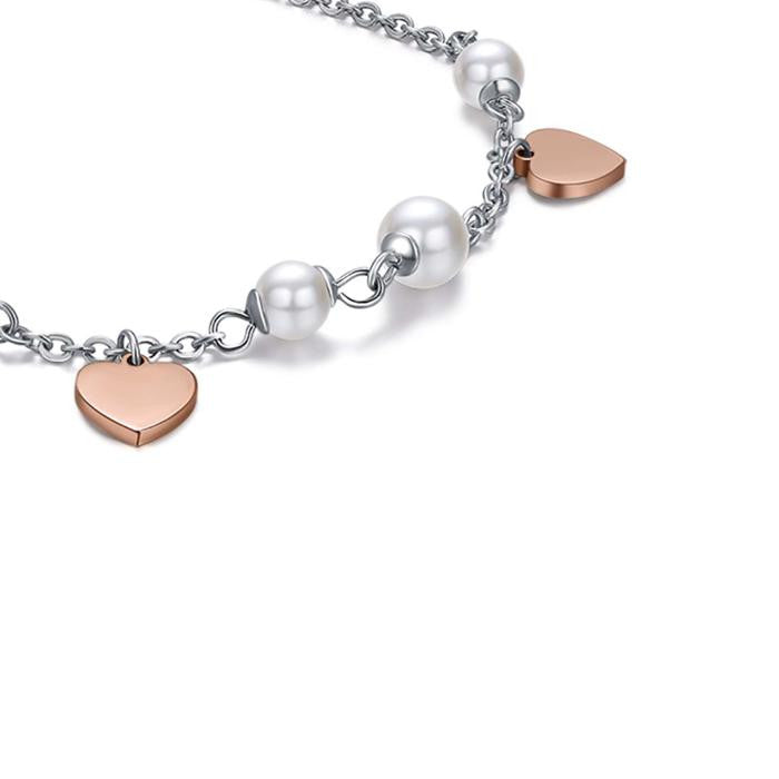 Bracelet en acier avec perles blanches et cœurs Ip Rose
