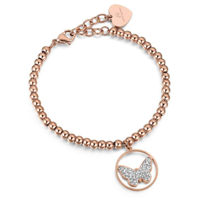 Bracelet en acier IP or rose avec papillon et cristaux blancs