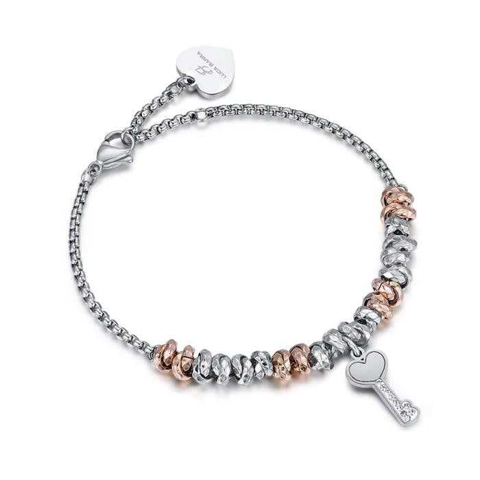 Bracciale In Acciaio Con Elementi Ip Rose Chiave Con Cristalli Bianchi