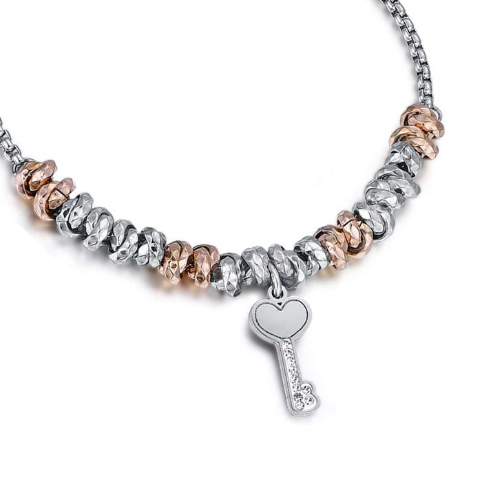 Bracciale In Acciaio Con Elementi Ip Rose Chiave Con Cristalli Bianchi