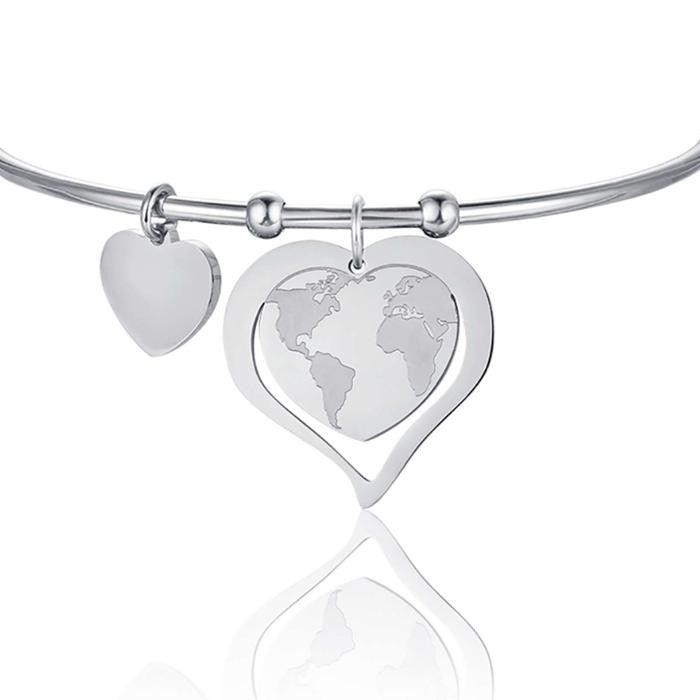 Bracelet en acier avec carte du monde en forme de cœur