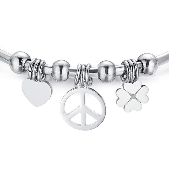 Bracelet en acier avec symbole de paix et cœur en forme de trèfle à quatre feuilles