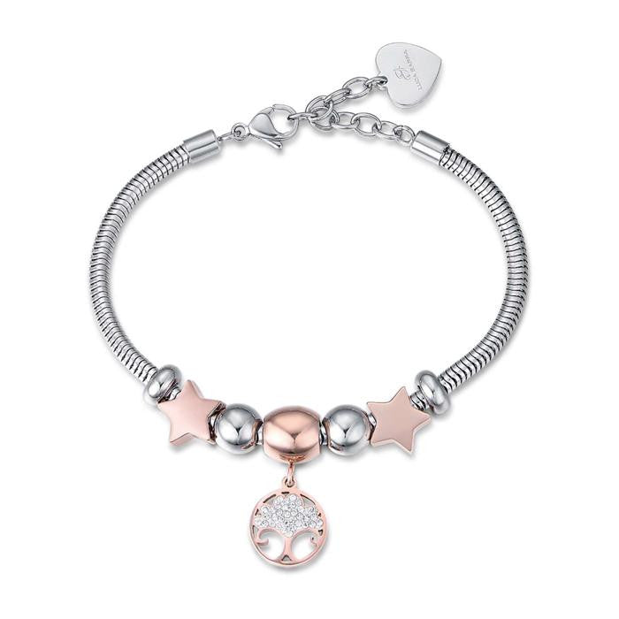 Bracelet en acier avec arbre de vie, cristaux roses et blancs et étoiles