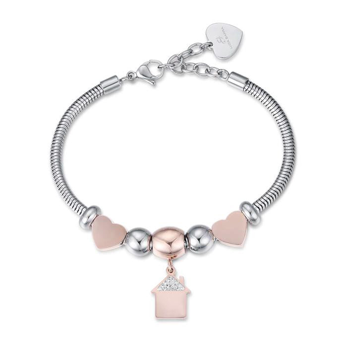 Bracelet en acier avec motif de maison en ip rose, cristaux blancs et cœurs en ip rose