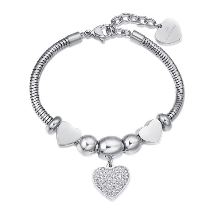 Bracelet en acier avec cœur et cristaux blancs et cœurs en acier