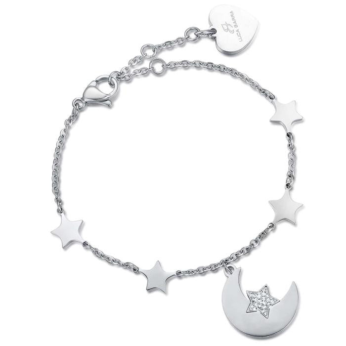 Bracelet en acier avec lune, étoiles et cristal blanc