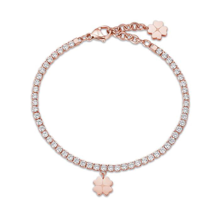 Bracelet en acier IP or rose avec trèfle à quatre feuilles et cristaux blancs