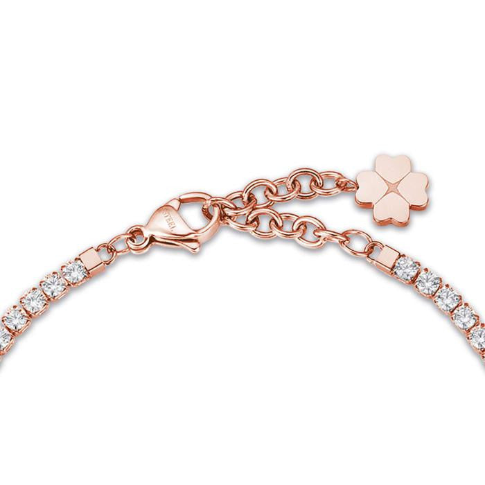 Bracelet en acier IP or rose avec trèfle à quatre feuilles et cristaux blancs