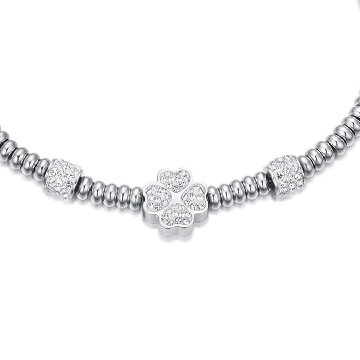 Bracelet en acier avec trèfle à quatre feuilles et cristaux blancs