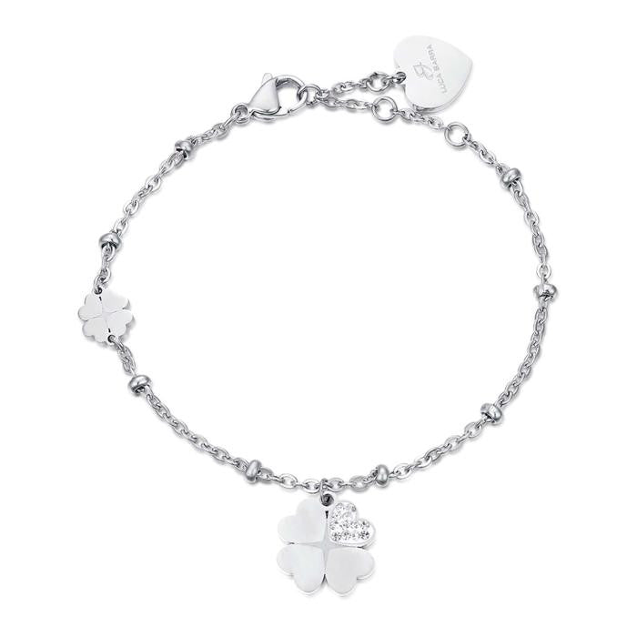 Bracelet en acier avec trèfles à quatre feuilles et cristaux blancs