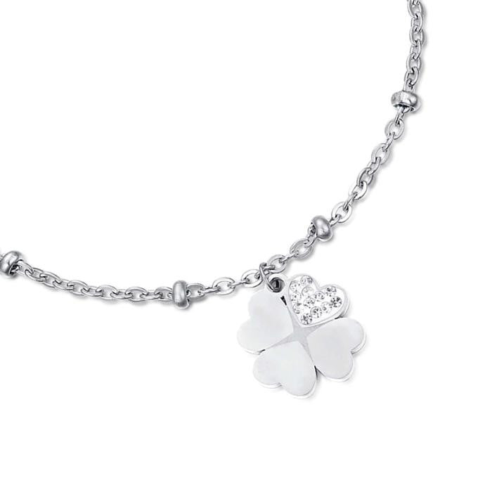Bracelet en acier avec trèfles à quatre feuilles et cristaux blancs