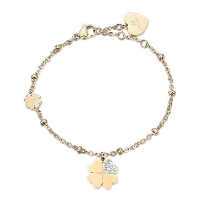 Bracelet en acier doré IP avec trèfles à quatre feuilles et cristaux blancs