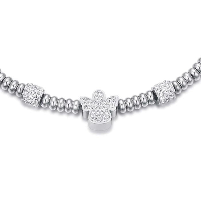 Bracelet en acier avec ange et cristaux blancs