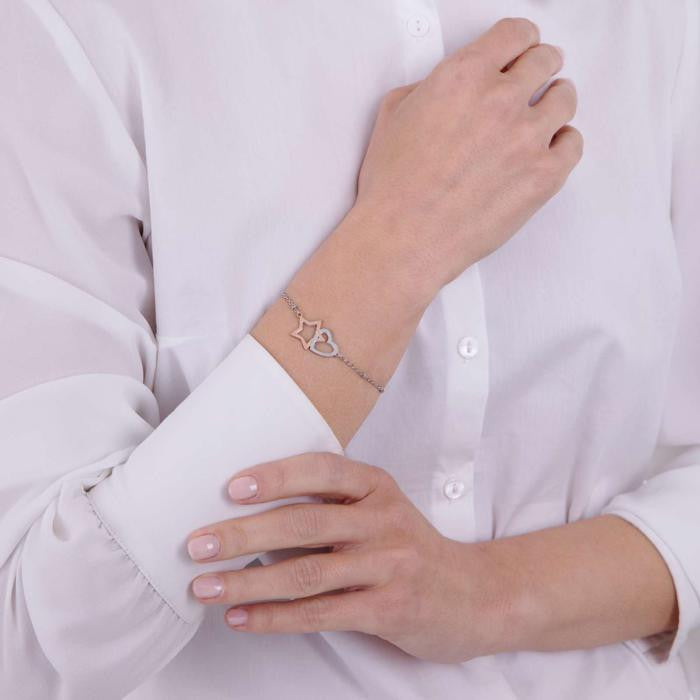 Steel Bracelet With Steel Heart And Steel Star Ip Rose