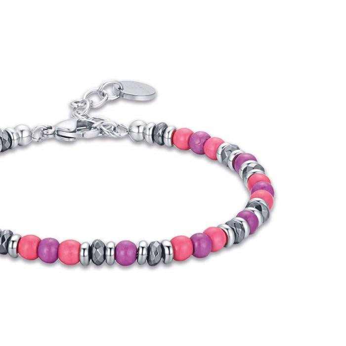 Bracelet en acier avec pierres roses et violettes