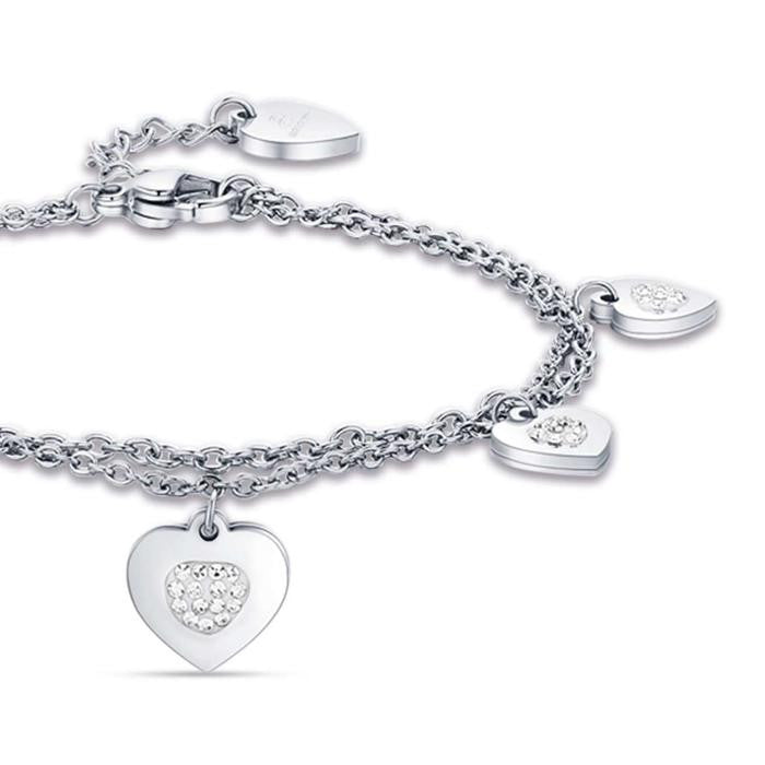 Bracelet en acier avec cœurs et cristaux blancs