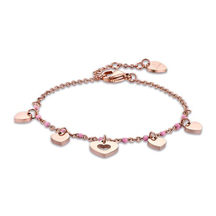 Bracelet en acier IP rose avec cœurs et pierres roses