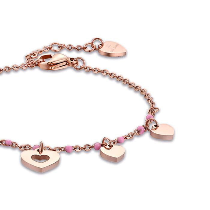Bracelet en acier IP rose avec cœurs et pierres roses