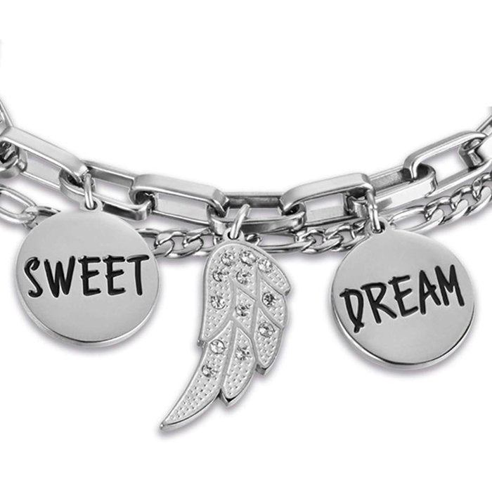 Bracciale in acciaio con ala con cristalli bianchi e piastre con smalto nero