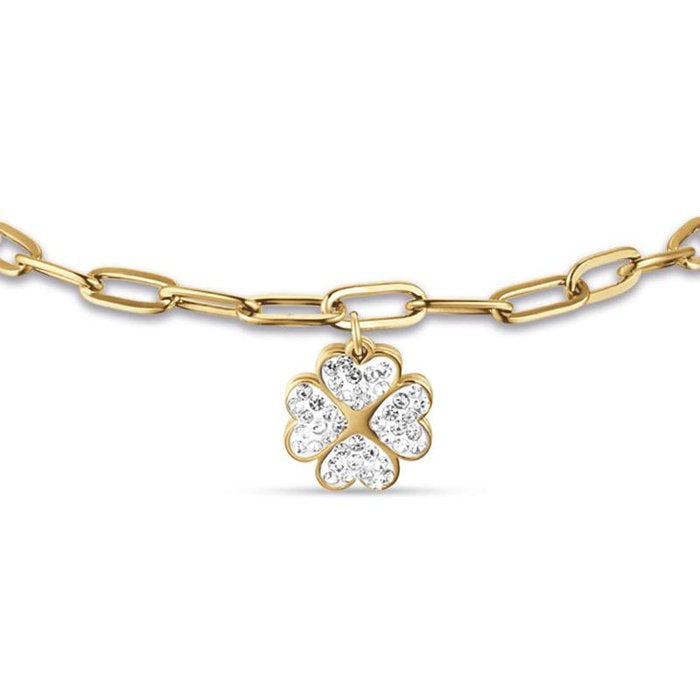 Bracciale in acciaio ip gold con quadrifoglio e cristalli bianchi