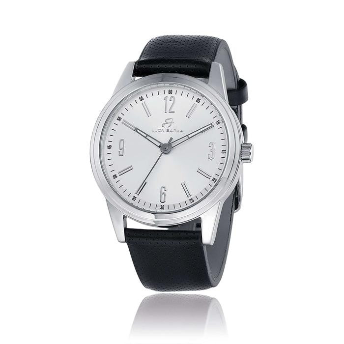 Montre Boîtier en acier Cadran argenté Bracelet en cuir noir