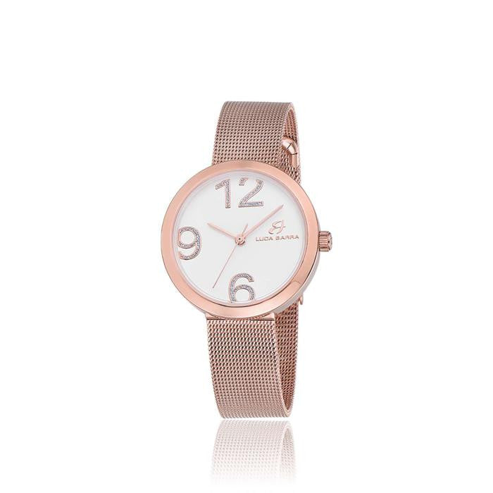 Montre avec boîtier en acier IP or rose, cadran argenté et maille IP or rose