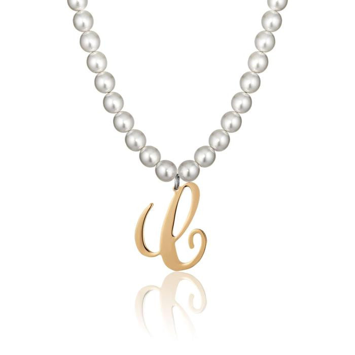 Steel Necklace With Synthetic Pearls And Letter C