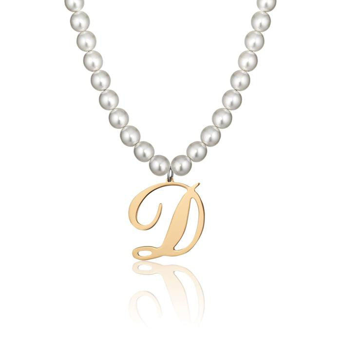 Steel Necklace With Synthetic Pearls And Letter D