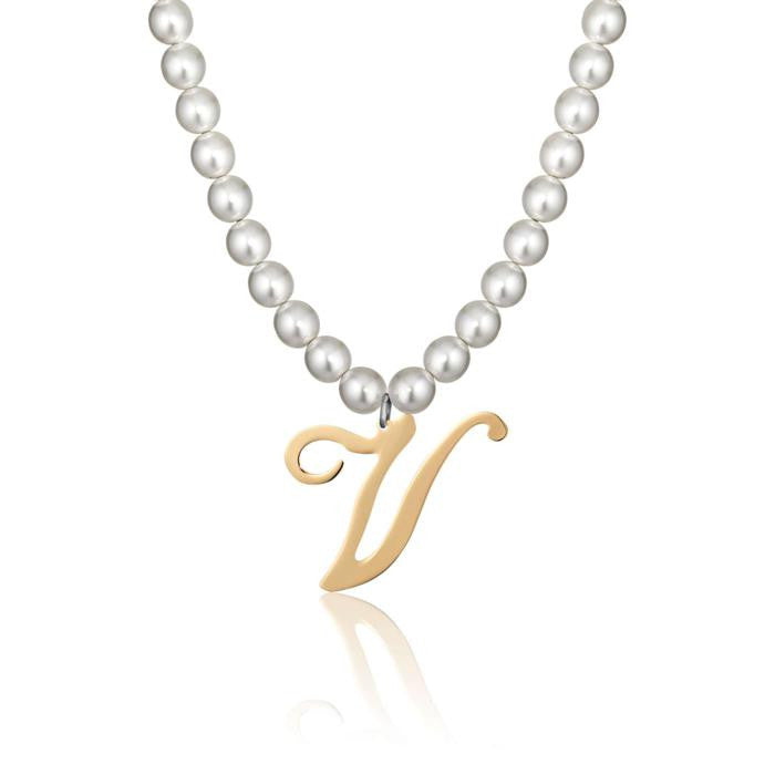 Collier en acier avec perles synthétiques et lettre V