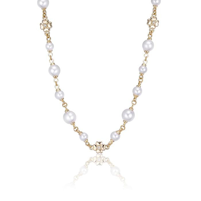 Gold Steel Necklace With White Synthetic Pearls And Four Leaf Clover