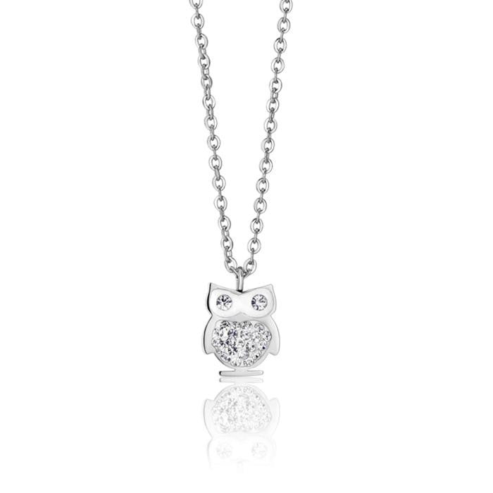 Collier en acier avec hibou et cristaux blancs